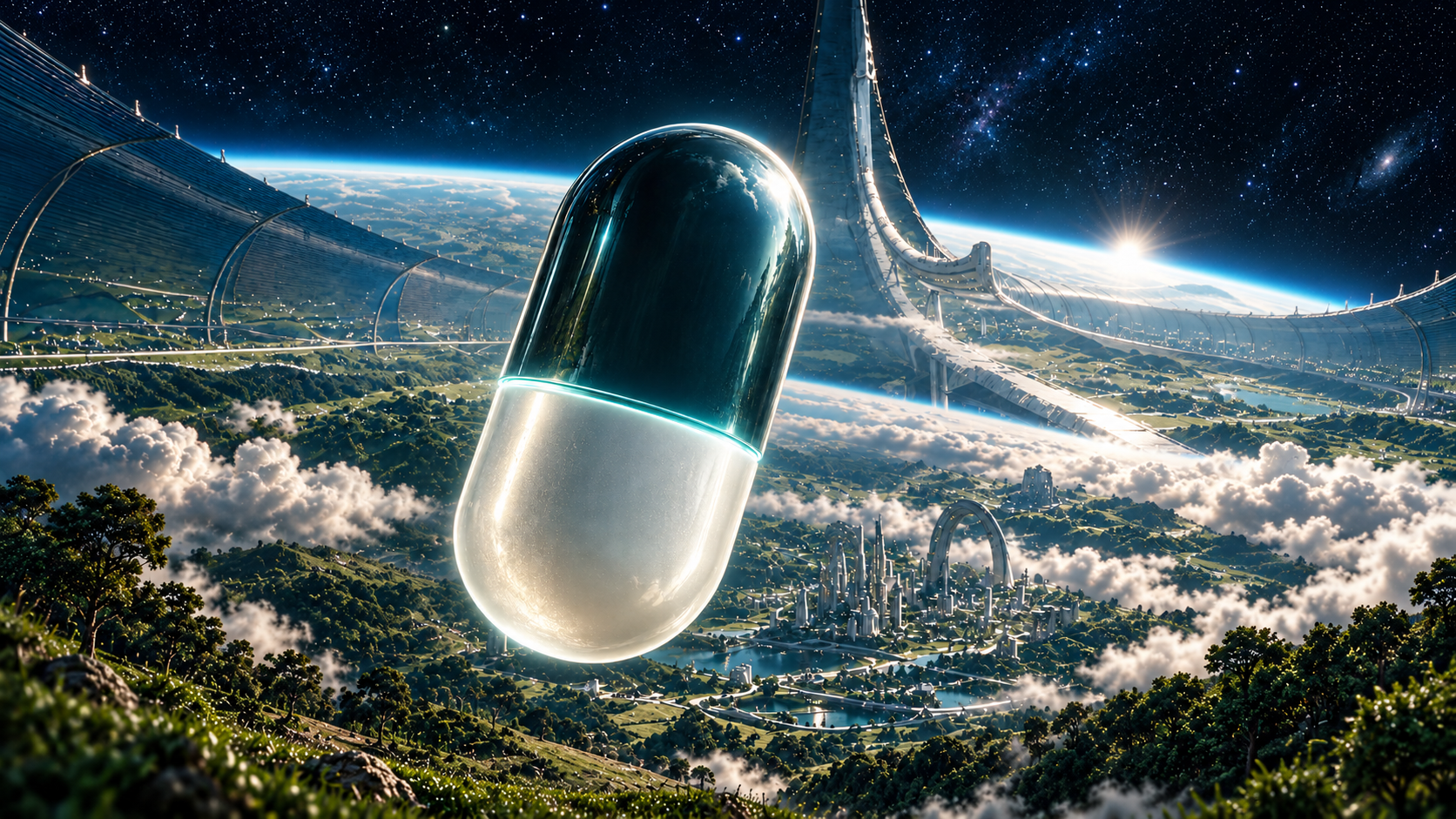 Faceless teal capsule floating over a futuristic ringworld